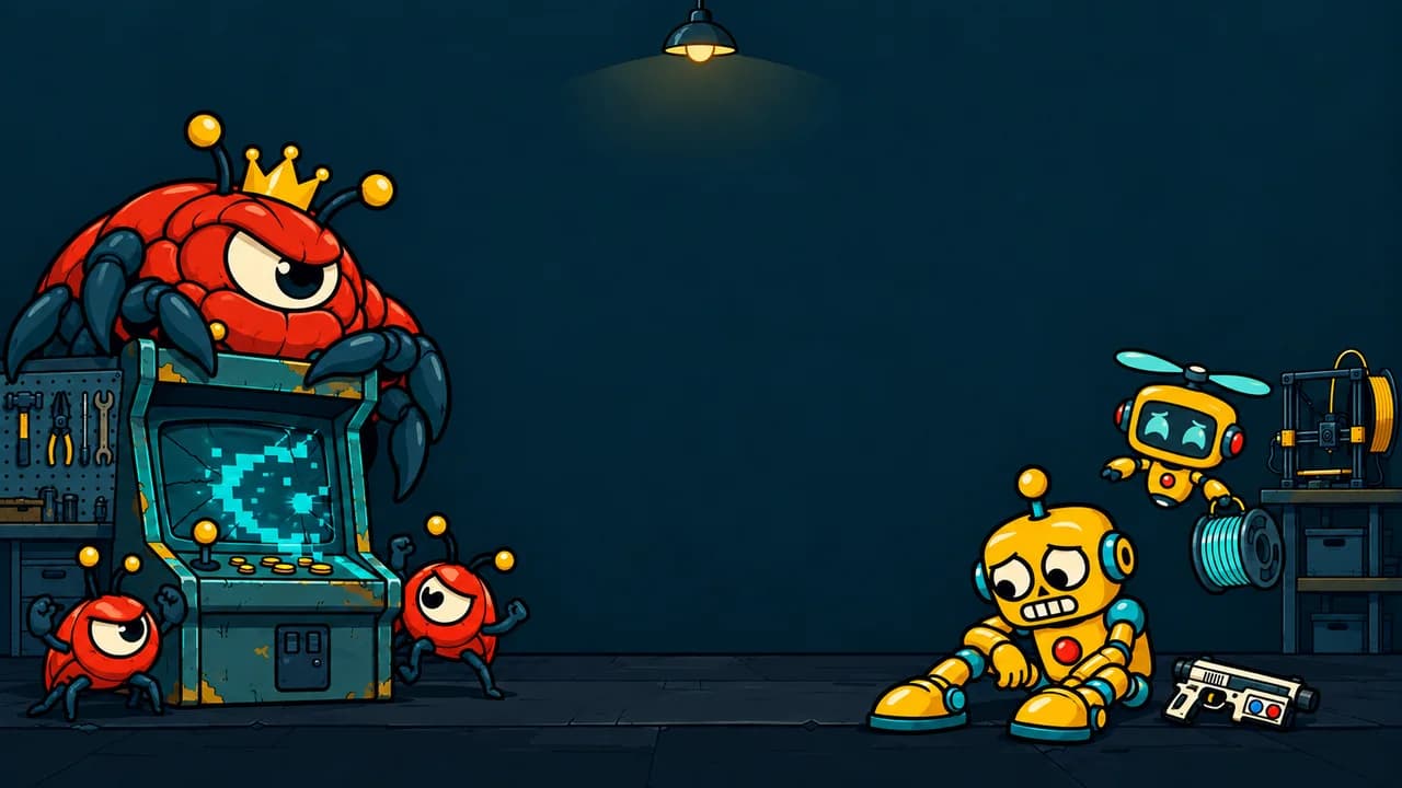 El taller de noche: un bicho rojo con corona trepado a un fichín roto, dos bichos más chicos y el robot agachado al lado de la pistola.