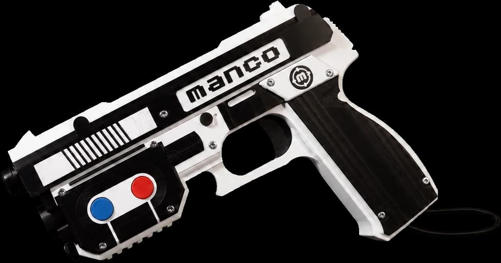 La MANCO: una pistola blanca y negra con dos botones redondos, uno azul y uno rojo